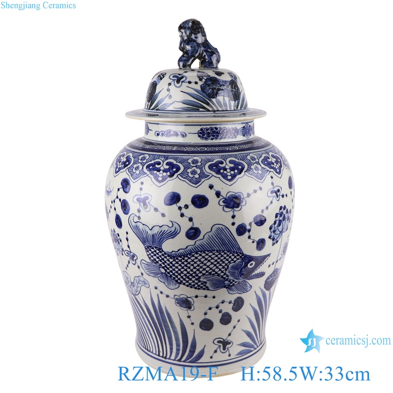 Jingdezhen Blue and White Porcelain Fish Lines and patterns Grass Design Ceramic Storage Ginger lion Lidded Jars