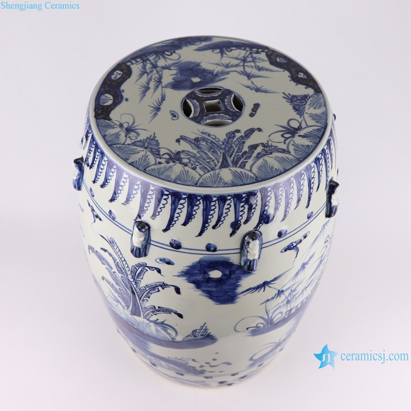 RZMA20-B Antique Blue and White Porcelain Kylin Unicorn pattern Ceramic Home seat Drum Stool