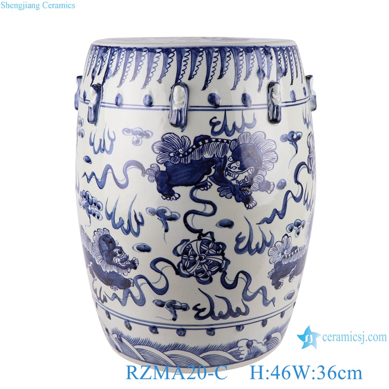 Ceramic Home Chair Garden Drum Stool Blue and white Porcelain Fish grass pattern