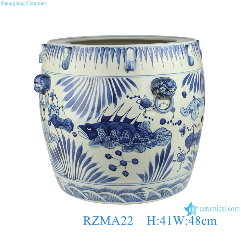 Blue and white Porcelain Fish Lines and patterns Antique Ceramic Pot Planter With Lion ring