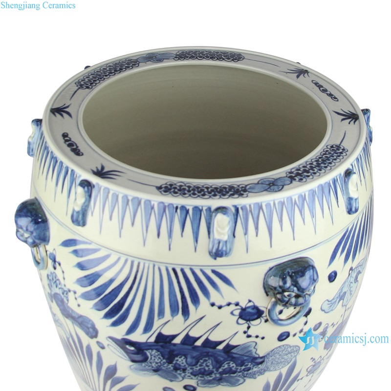 RZMA22 Blue and white Porcelain Fish Lines and patterns Antique Ceramic Pot Planter With Lion ring