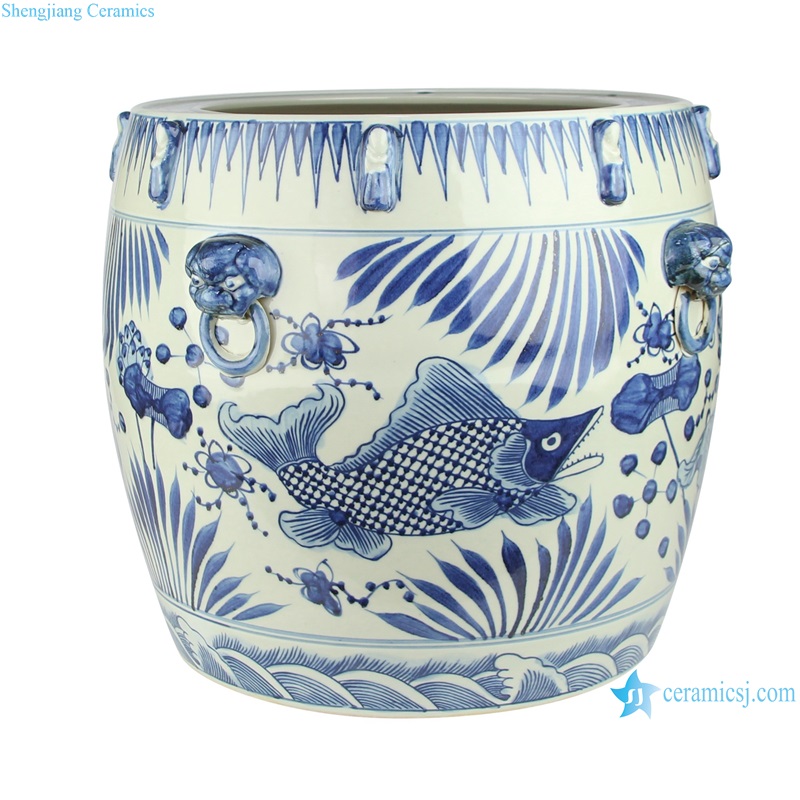 RZMA22 Blue and white Porcelain Fish Lines and patterns Antique Ceramic Pot Planter With Lion ring