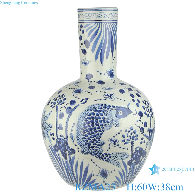 RZMA23 blue and white Porcelain Fish Lines and patterns Ceramic Celestial bottle globular vase