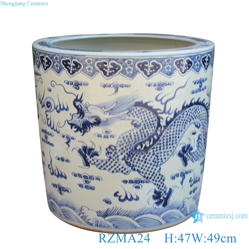 RZMA24 Antique Blue and White Porcelain Double Dragons playing Pattern Ceramic Large flower pot Garden Planter