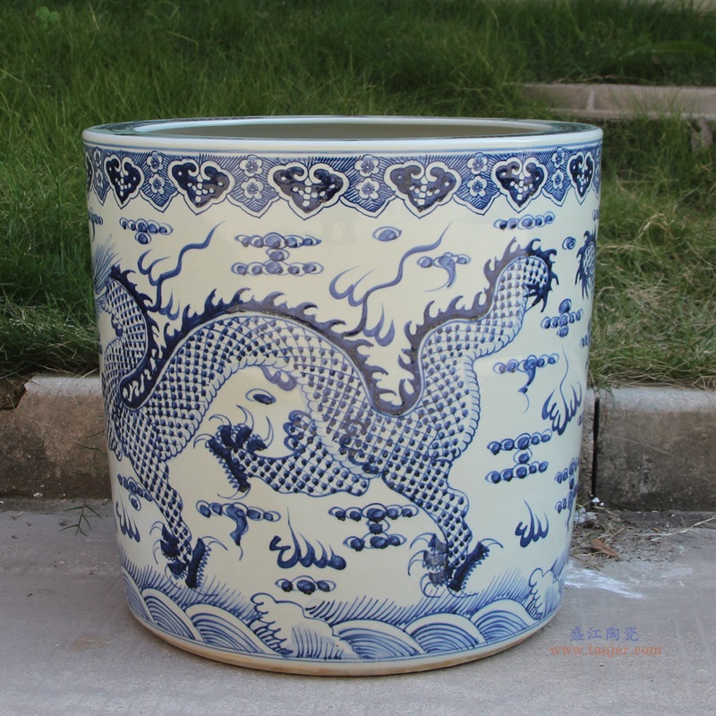 RZMA24 Antique Blue and White Porcelain Double Dragons playing Pattern Ceramic Large flower pot Garden Planter