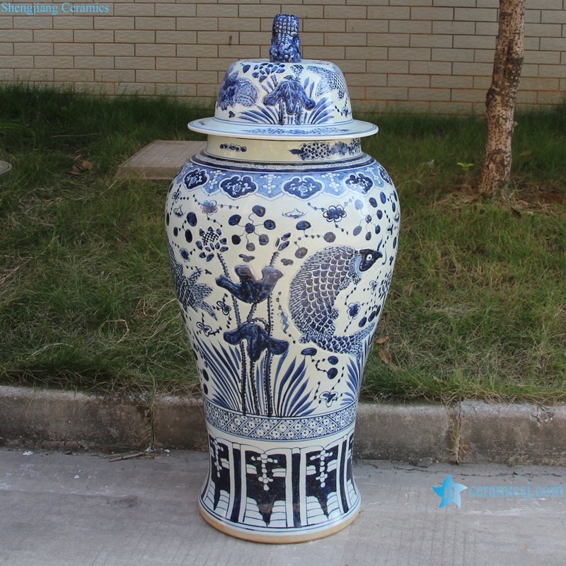 RZMA25 110cm Large Size Blue and white Porcelain algal pattern Storage Pot Ceramic Temple Ginger Temple Jars