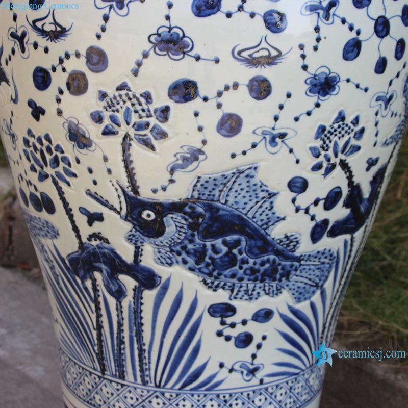 RZMA25 110cm Large Size Blue and white Porcelain algal pattern Storage Pot Ceramic Temple Ginger Temple Jars