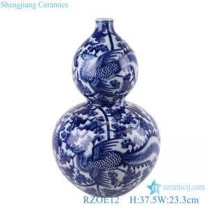 RZOE12 Porcelain Twisted Flower phoenix Design Ceramic Gourd Vase Antique Blue and White Gourd Bottle