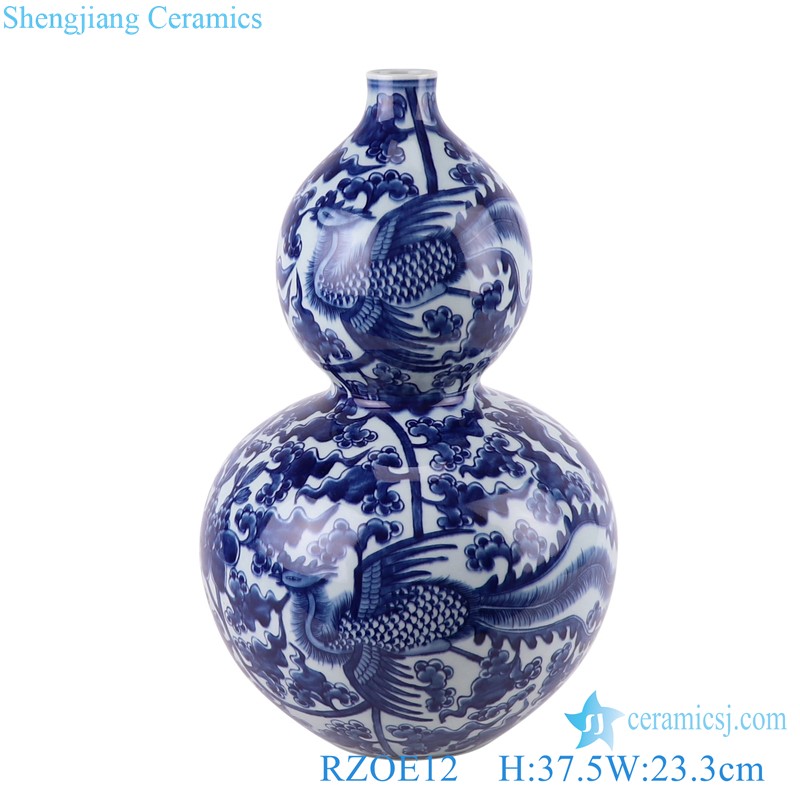 Porcelain Twisted Flower phoenix Design Ceramic Gourd Vase Antique Blue and White Gourd Bottle