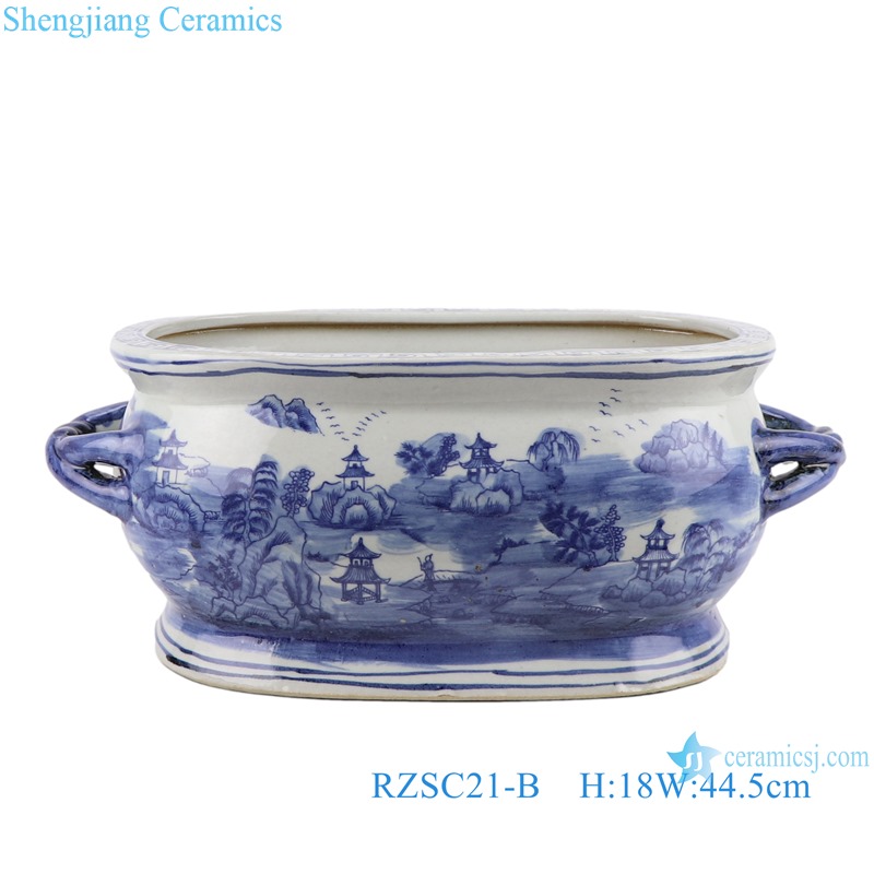 RZSC20 Antique blue and white Porcelain Flower Bird phoenix landscape Design double ear oval shape flowerpot