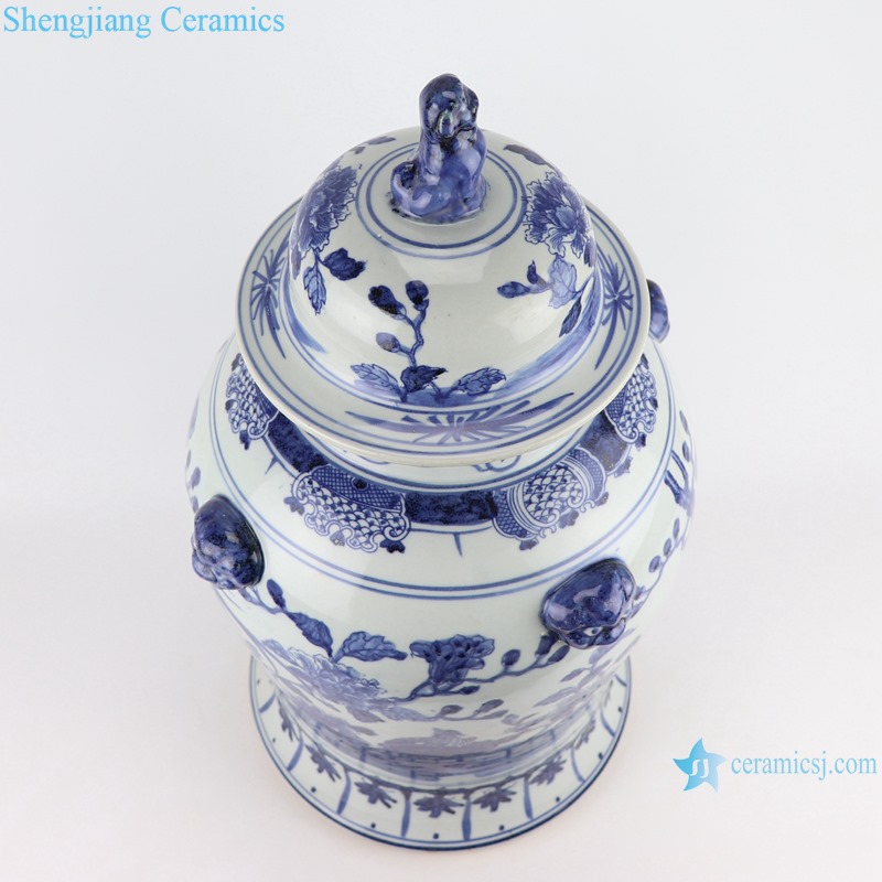 RZSC28 Blue and white Porcelain flower and bird Storage Pot Ceramic Lidded Jars with Lion Head