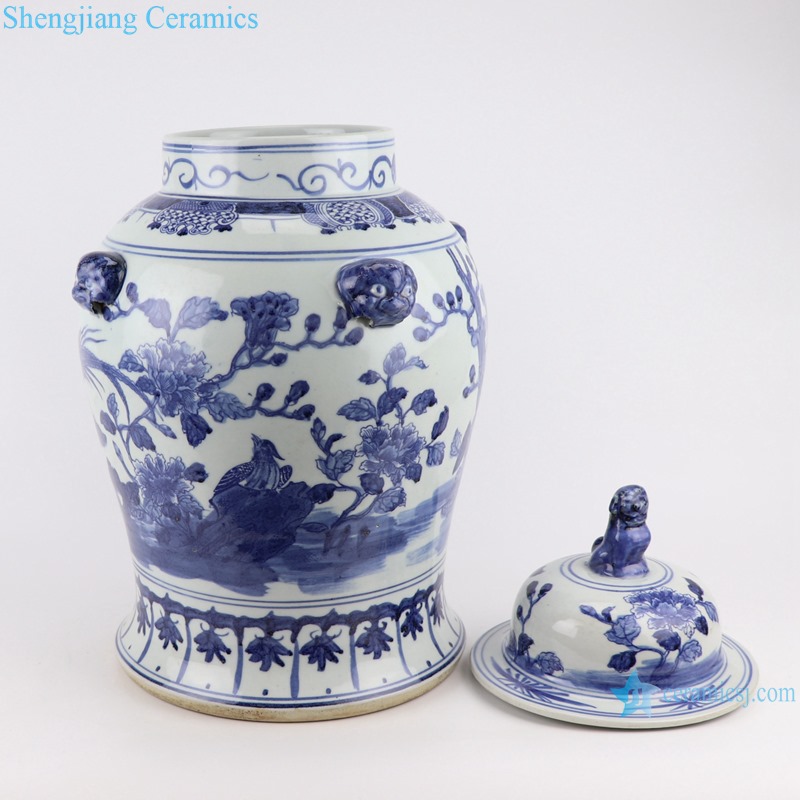 RZSC28 Blue and white Porcelain flower and bird Storage Pot Ceramic Lidded Jars with Lion Head