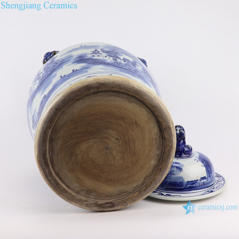 RZSC34 Blue and white Porcelain landscape design lion head general pots Storage Lidded Jars