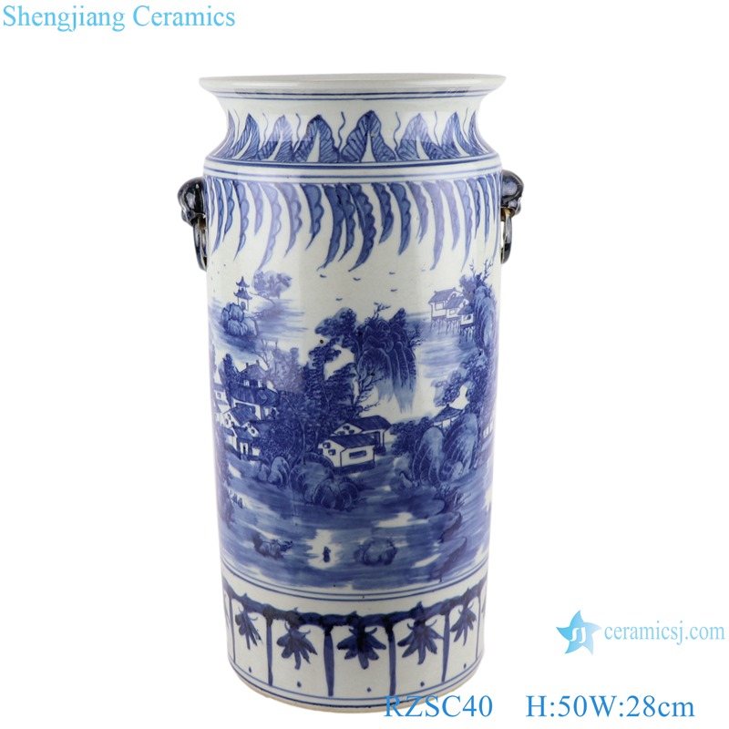 Blue and white Porcelain landscape design with lion ear straight stand Ceramic umbrella stand