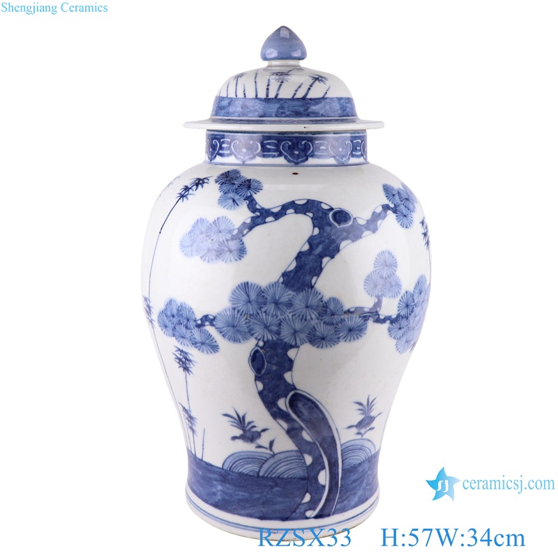Blue and white Porcelain Hand Painted pine and bamboo Storage pot Ceramic Lidded Ginger Jar