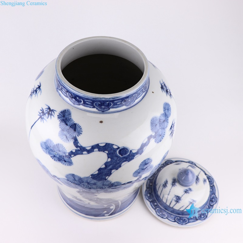RZSX33 Blue and white Porcelain Hand Painted pine and bamboo Storage pot Ceramic Lidded Ginger Jar