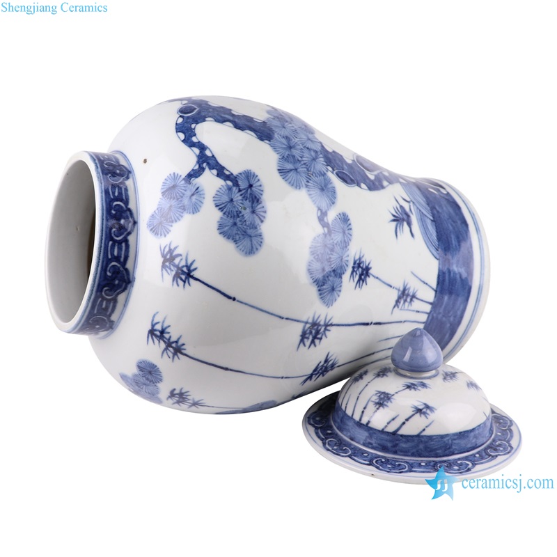 RZSX33 Blue and white Porcelain Hand Painted pine and bamboo Storage pot Ceramic Lidded Ginger Jar