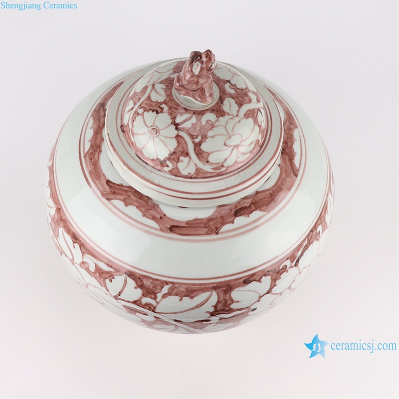 RZSX40-A-B Ink and Red Color Hand painted Flower Design Storage Ginger Jars with Dog head Lid