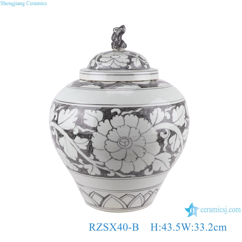 RZSX40-A-B Ink and Red Color Hand painted Flower Design Storage Ginger Jars with Dog head Lid