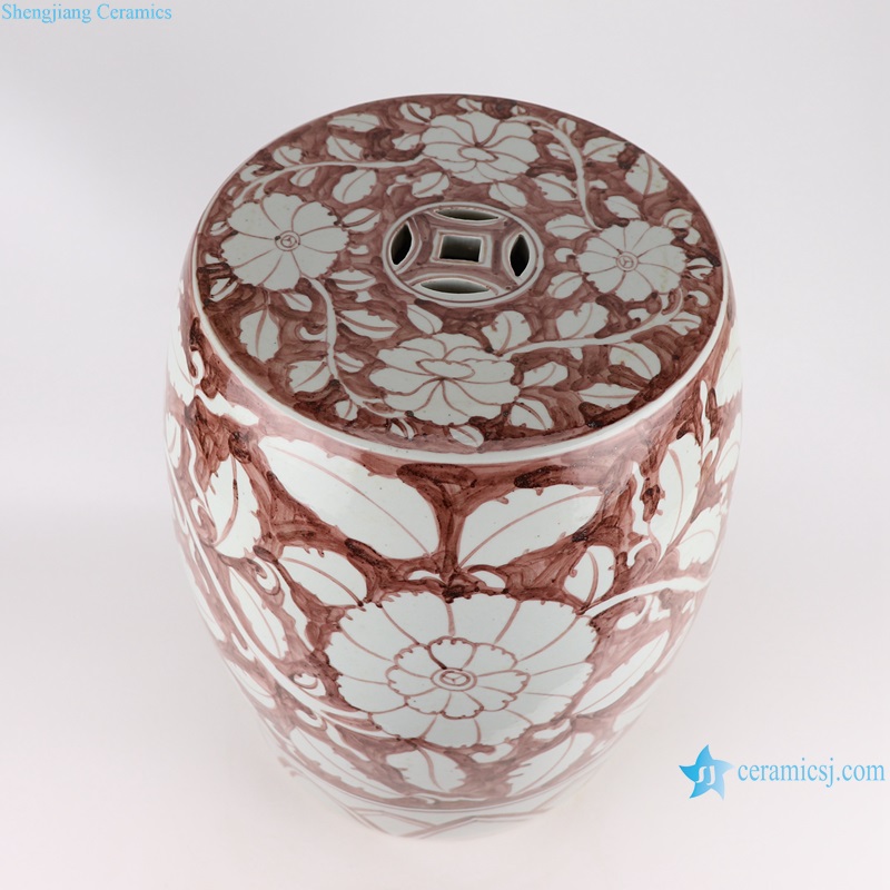 RZSX43/RZSX44 Alum red and Ink Flower Design Hand Painted Porcelain Seat Ceramic Garden Drum Stool