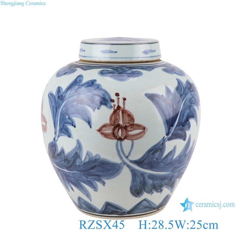 Blue and White Red Glazed Flower Porcelain Storage Holder Ceramic Tea Pot Canister