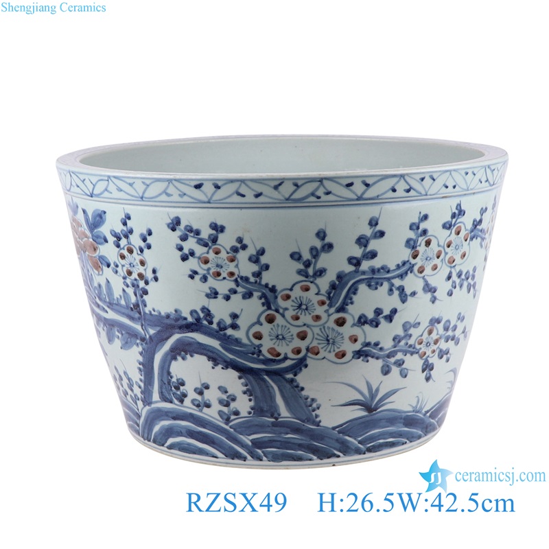 Blue and White Red Peony Plum Flower Ceramic Bowl Porcelain Planter Pot