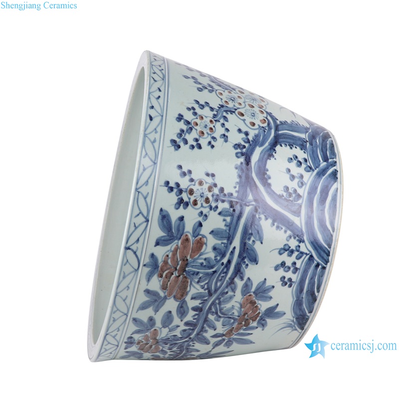RZSX49 Blue and White Red Peony Plum Flower Ceramic Bowl Porcelain Planter Pot