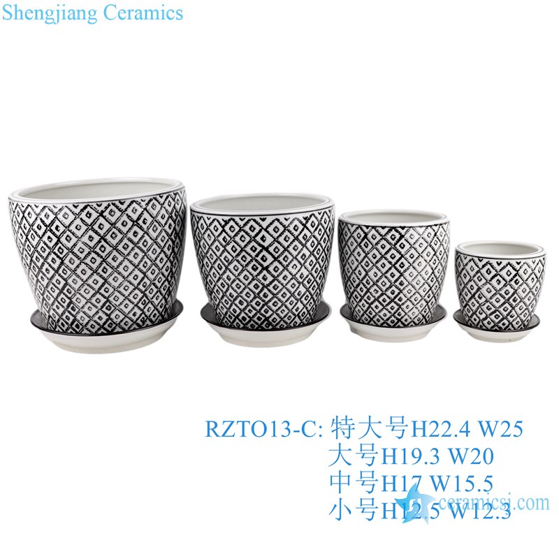 RZTO13-B-C Twisted Leaf Ink Color Porcelain Lotus Flower Pattern Garden Planter Ceramic Pot 4 pieces set