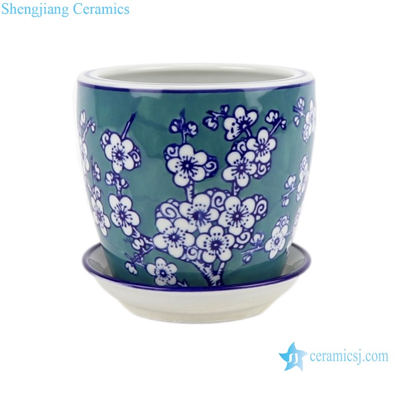 Blue color glazed Plum flower design 4 pieces set porcelain Garden Planter Ceramic Pot