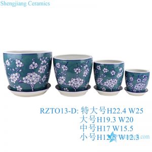 RZTO13-D Blue color glazed Plum flower design 4 pieces set porcelain Garden Planter Ceramic Pot
