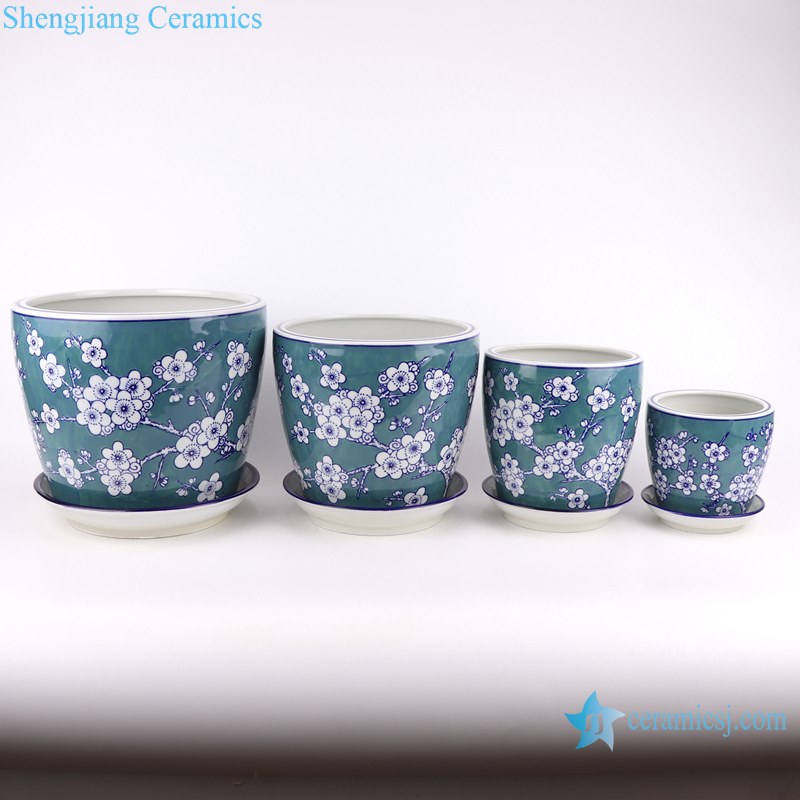 RZTO13-D Blue color glazed Plum flower design 4 pieces set porcelain Garden Planter Ceramic Pot