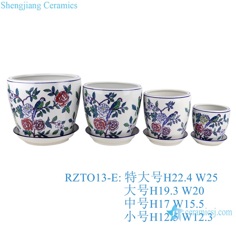 4 pieces set Parrot Peony Colorful Flower and Bird Pattern Plum Ceramic garden Planter Pot 