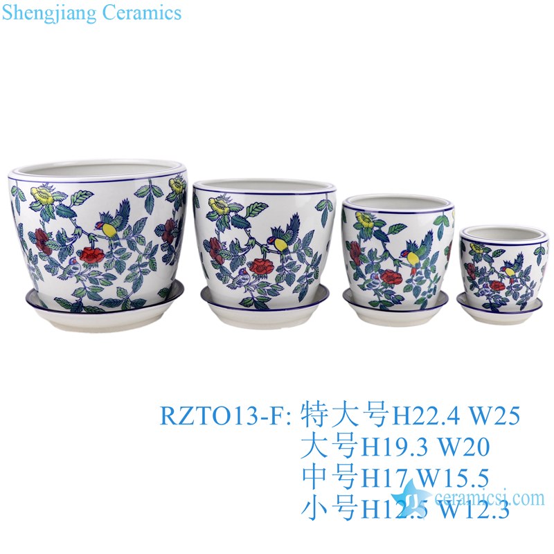 RZTO13-D-E-F 4 pieces set Parrot Peony Colorful Flower and Bird Pattern Ceramic garden Planter Pot