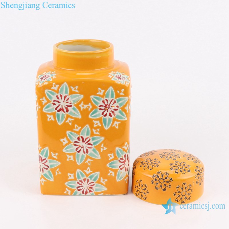 Yellow Glazed Ceramic Storage Holder Flower Design Square shape Tea Pot Canister