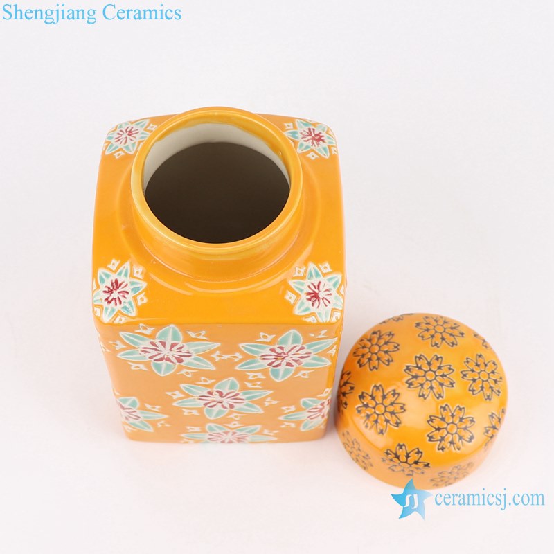 Yellow Glazed Ceramic Storage Holder Flower Design Square shape Tea Pot Canister