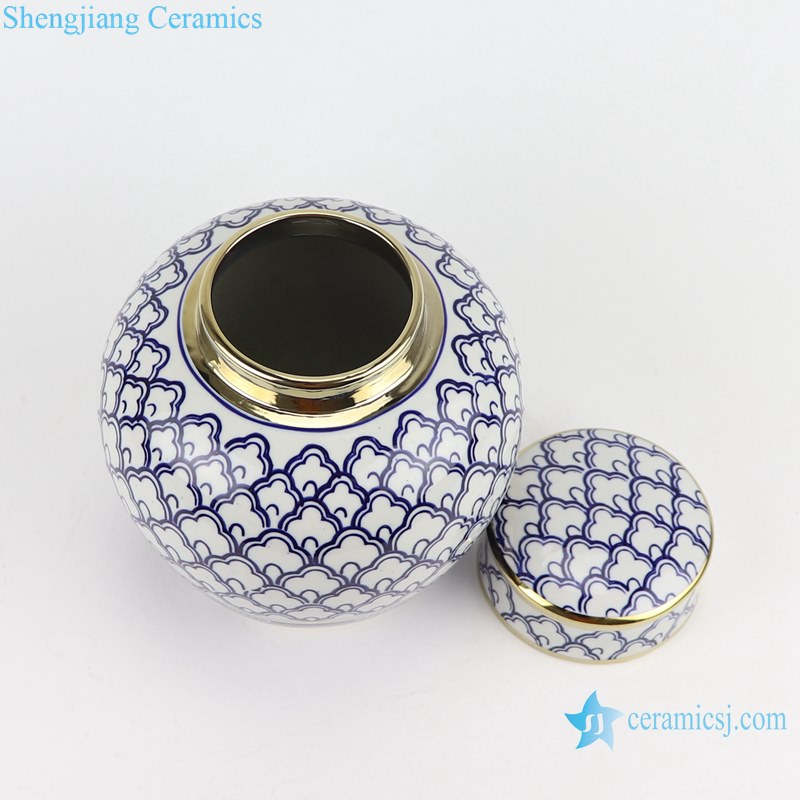 Modern Blue and white Porcelain Weave Pattern Gold Trim Ceramic Tea Canister Pot