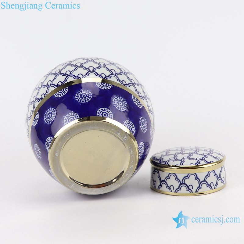 Modern Blue and white Porcelain Weave Pattern Gold Trim Ceramic Tea Canister Pot