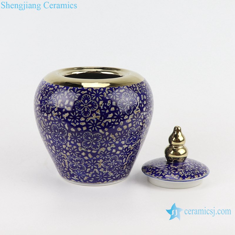 Blue and white Porcelain Storage Container Plum Jars Gold line gourd Lid Ceramic Holder