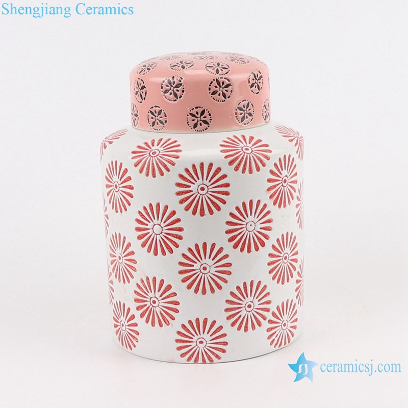 Pink Flower Ceramic Tea Canister Straight cylinder Shape Porcelain Storage Jars