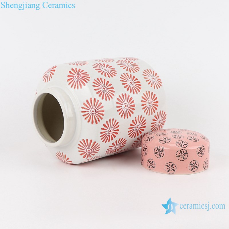 Pink Flower Ceramic Tea Canister Straight cylinder Shape Porcelain Storage Jars