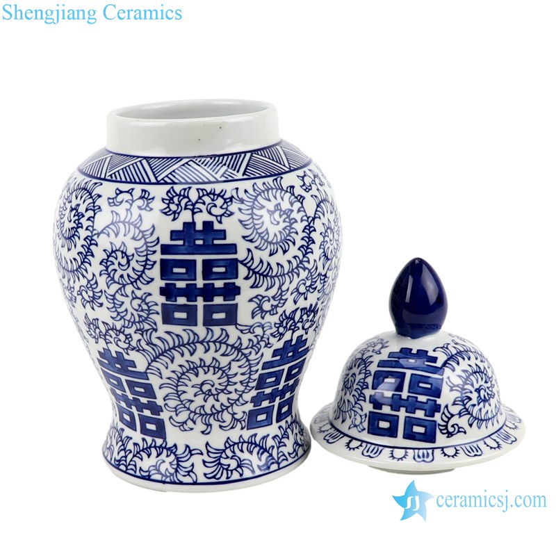 RZTO22-S-L Twisted leaf Happiness letters Blue and White Porcelain Storage Ginger Temple Jars