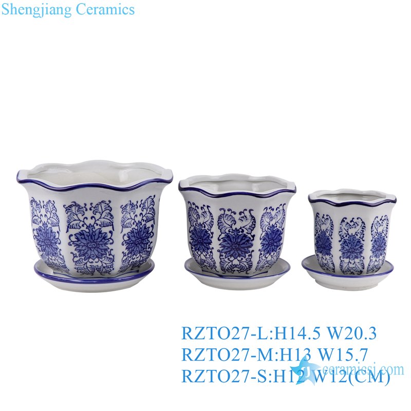 RZTO24-RZTO29 Peony Flower Twisted Leaf Round Square shape Blue and White Porcelain Garden Planter Pot 3 pieces set