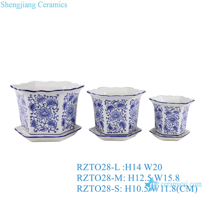 RZTO24-RZTO29 Peony Flower Twisted Leaf Round Square shape Blue and White Porcelain Garden Planter Pot 3 pieces set