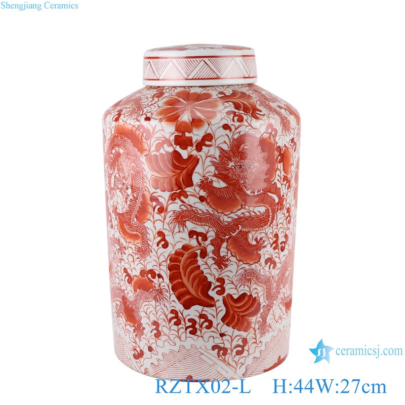 Ceramic Alum red Twisted Flower Dragon Design cylinder Shape Tea Canister