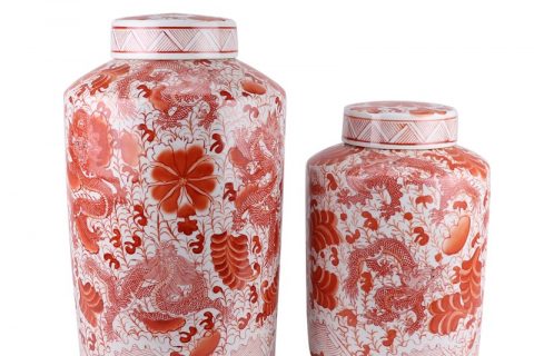 RZTX02-S-L Ceramic Alum red Twisted Flower Dragon Design cylinder Shape Tea Canister