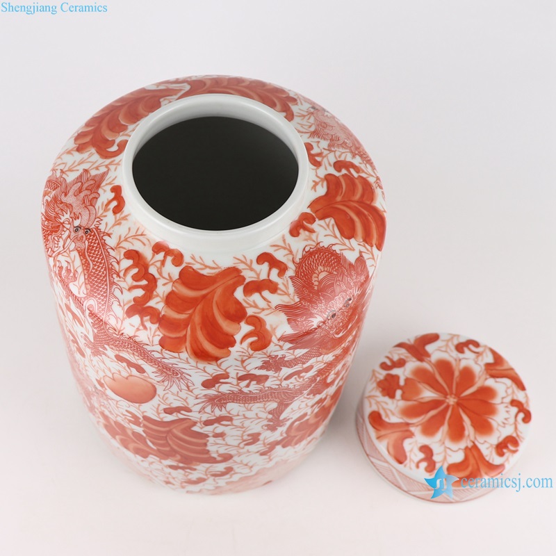 RZTX02-S-L Ceramic Alum red Twisted Flower Dragon Design cylinder Shape Tea Canister