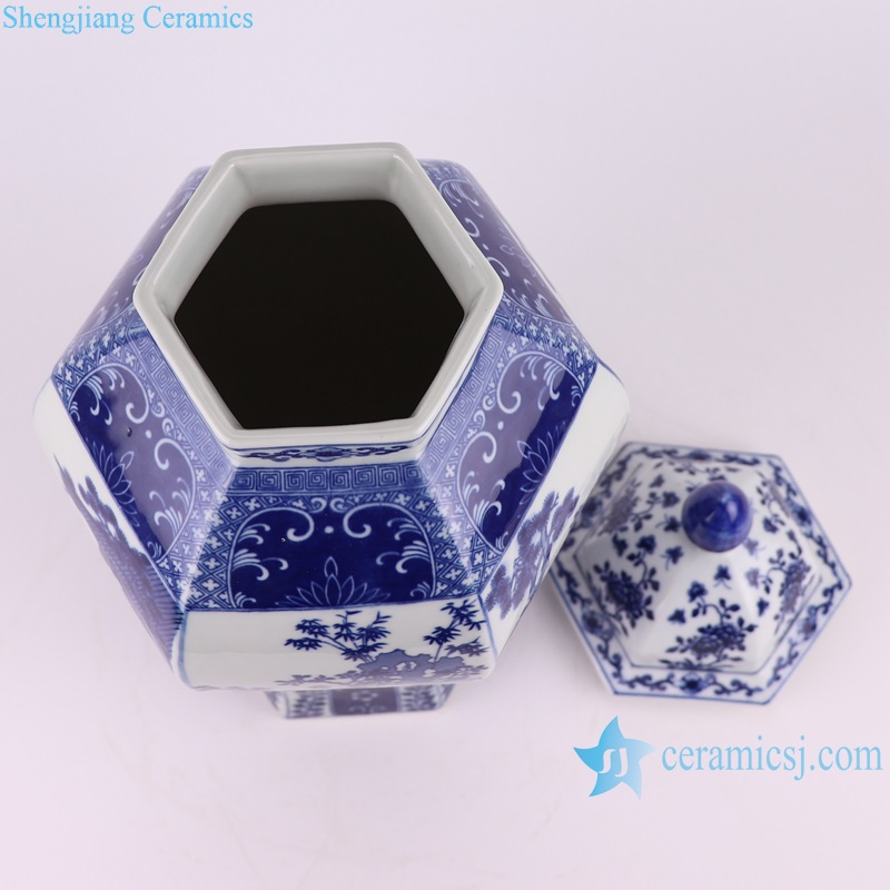 RYJF78-S Antique Porcelain blue and white Figure design hexagon shape Ceramic Lidded Ginger Jars
