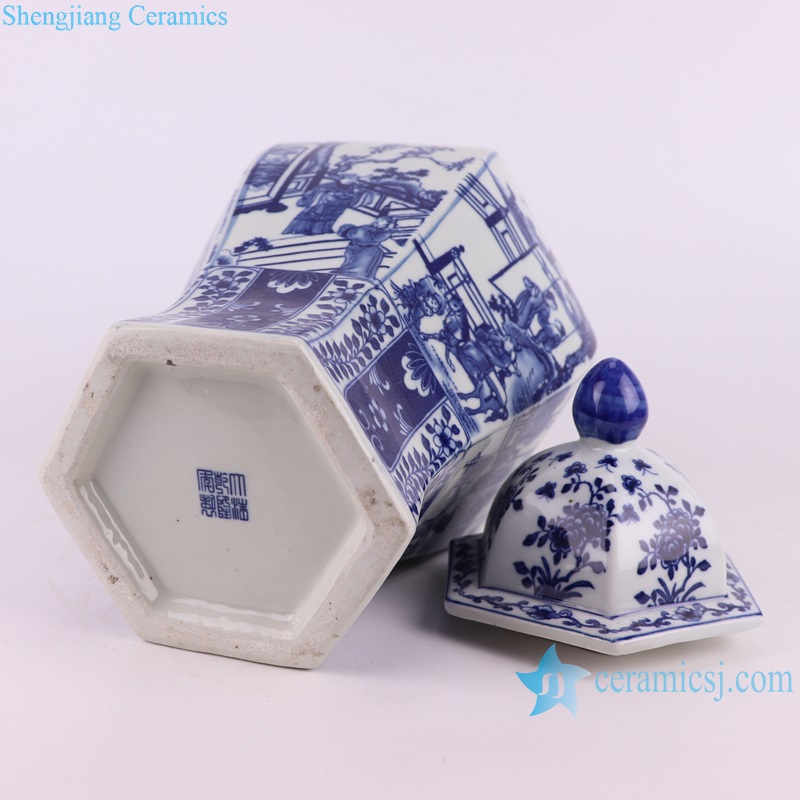 RYJF78-S Antique Porcelain blue and white Figure design hexagon shape Ceramic Lidded Ginger Jars
