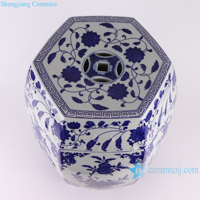 RYKB161 Porcelain Blue and White Pomegranate flower design hexagon shape Ceramic Drum Stool