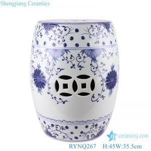 RYNQ267 Antique Blue and White Porcelain Flower Twisted copper hole design ceramic drum garden home seat stool